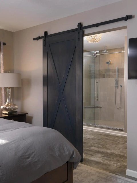 Stainless Shower Arm 6 Inch Ceiling Mount With 1/2 Inch IPS Threads, 2.5 Inch OD, in modern bathroom view from bedroom.