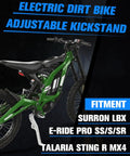 Seven Level Adjustable CNC Kickstand For Surron Sur Ron LBX E Ride Pro SS 3.0 2.0 And Talaria Sting R MX4 X160 X260 Electric Dirt Bikes in Silver installed on a bike.