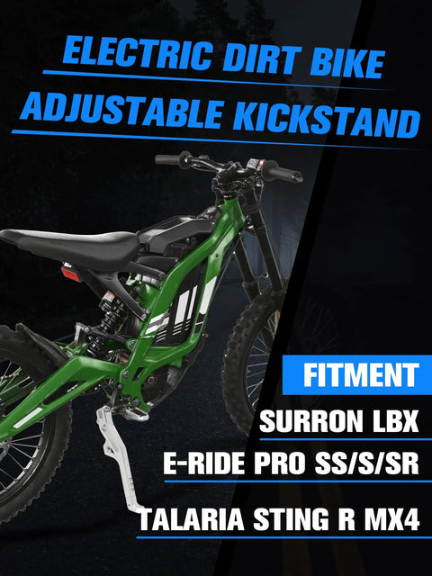 Seven Level Adjustable CNC Kickstand For Surron Sur Ron LBX E Ride Pro SS 3.0 2.0 And Talaria Sting R MX4 X160 X260 Electric Dirt Bikes in Silver installed on a bike.