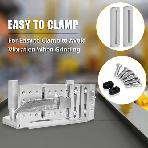 Heavy Duty Pro Grade Belt Grinder Knife Jig with screws and slots, showing dual press plates for secure clamping on belt sander.