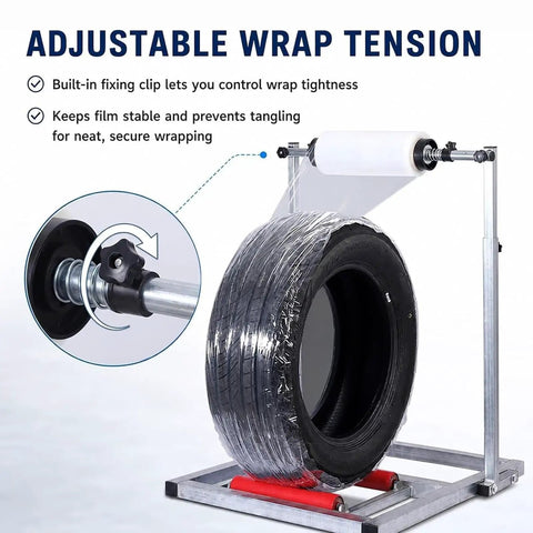 Hella Adjustable Tire Wrap Dispenser Stand For Car And Truck Wheels With Dual Roller Base Smooth Rotating Platform Auto Shop Stretch Film Holder showcasing adjustable wrap tension mechanism.
