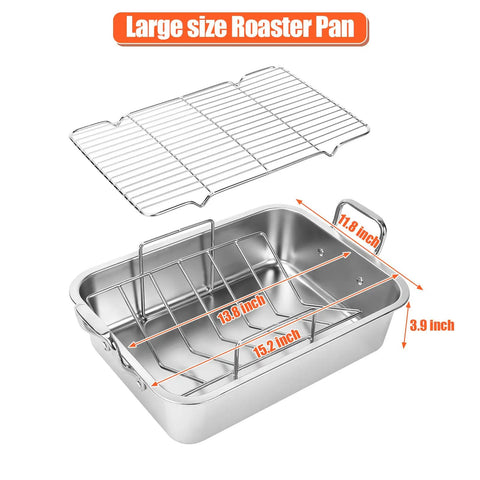 Nonstick 15 Inch Stainless Steel Roasting Pan With V Rack And Cooling Rack Your Go To Rectangle Turkey Roaster For Turkey Chicken And Veggies