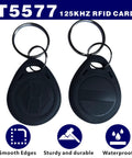 125KHz RFID Fob Tags T5577 Writable Cards Pack Of 10 With Keychain Ring For Easy Carry, front and back view of two fobs