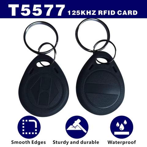 125KHz RFID Fob Tags T5577 Writable Cards Pack Of 10 With Keychain Ring For Easy Carry, front and back view of two fobs