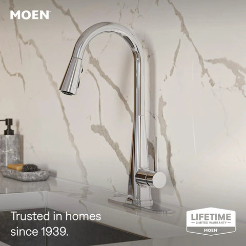 Moen Swyre Pulldown Kitchen Faucet, Chrome, 87508 with sleek design and pull-down spray, displayed in a modern kitchen.