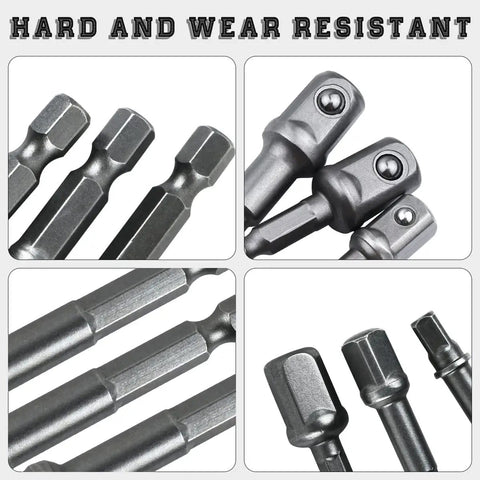 Pro Grade 8 Piece Impact Socket Adapter Set With Hex Shank Drill Bit Adapters close-up of hex shank and sockets