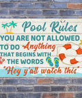 Funny Pool Signs Outdoor Pool Rules Sign 8 By 12 Inches Vintage Metal Tin Wall Decor For Pool Deck Backyard Bar Home Patio Beach House Great Gift For Pool Parties And Backyard Get Togethers Durable Metal Tin Construction Weather Resistant with humorous text and pool imagery on brick wall background.