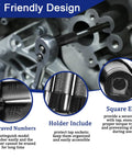 Tap Socket Set For One Quarter Inch And Three Eighth Inch Drive Pro Grade Fits Fractional MCTI Standard Taps Through One Half Inch And One Eighth NPT Taps Plus Metric Taps Through Twelve Millimeter Eight Piece Kit in use with engraved numbers and holder.