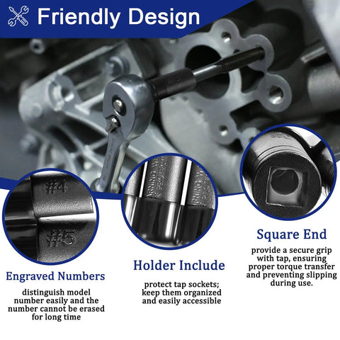 Tap Socket Set For One Quarter Inch And Three Eighth Inch Drive Pro Grade Fits Fractional MCTI Standard Taps Through One Half Inch And One Eighth NPT Taps Plus Metric Taps Through Twelve Millimeter Eight Piece Kit in use with engraved numbers and holder.
