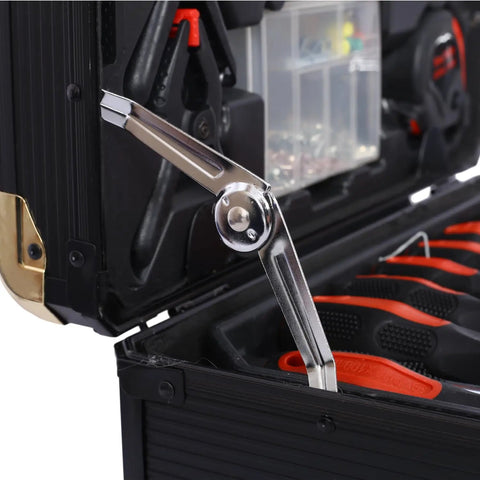 969 Piece Home Repair Tool Set Kit With Rolling Toolbox and Four Drawers Includes Pliers Wrenches Screwdrivers and Utility Tools for DIY Enthusiasts Handy Aluminum Build for Household Garden and Maintenance Tasks - open toolbox showing interior tools and compartments