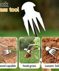 Four teeth weed puller tool with illustrations showing its use for shoveling, hooking grass, and loosening soil in gardens.