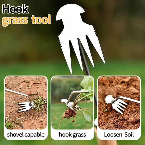 Four teeth weed puller tool with illustrations showing its use for shoveling, hooking grass, and loosening soil in gardens.