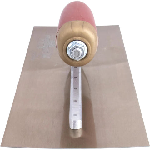 Front view of PermaShape Finishing Trowel 12 X 5 Inch With DuraSoft Handle Golden Stainless Steel Blade Broken-In Edge Made In USA