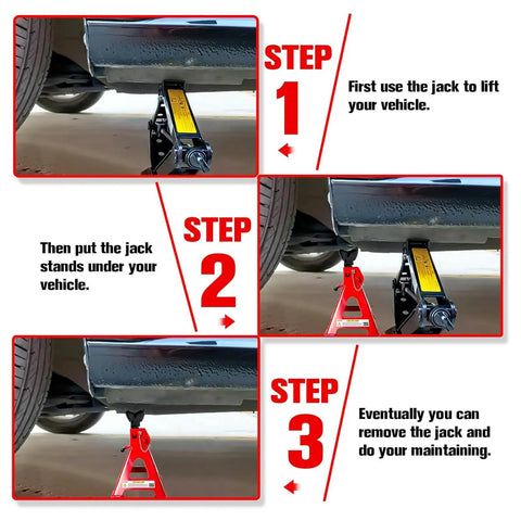 Instructions using Heavy Duty 3 Ton Jack Stands With 11.22 To 16.54 Inch Adjustable Height, Double Pin Locking under vehicle