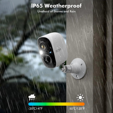 Outdoor Wireless Security Camera System With Spotlight And Siren mounted on wall in rain, featuring IP65 weatherproof design