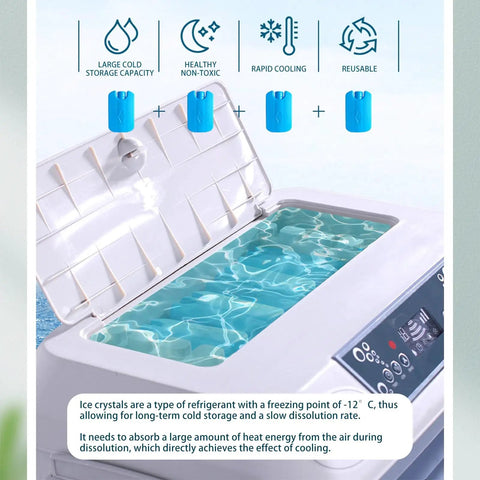 Heavy Duty Evaporative Swamp Cooler With 13.2 Gallon Tank And Four Premium Ice Packs features large cold storage with ice packs.