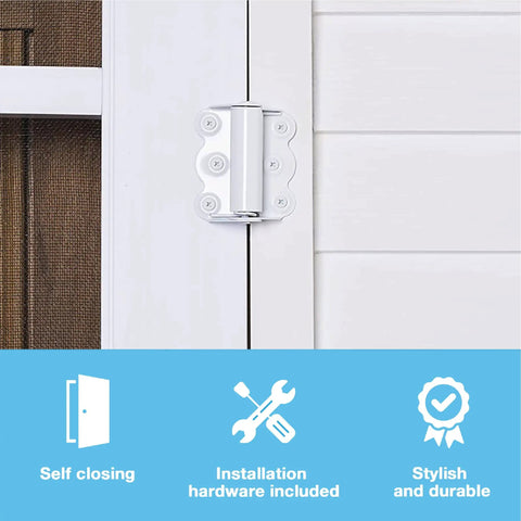 Spring Loaded Self Closing Door Hinges 2 Pack White Adjustable Closing Force For Storm And Screen Doors Fits Various Door Sizes 180 Degree Opening Easy Install shown on door