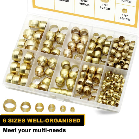 228 Piece Brass Compression Sleeve Ferrule Kit For One Eighth To One Half Inch Tubing, organized in case with six sizes