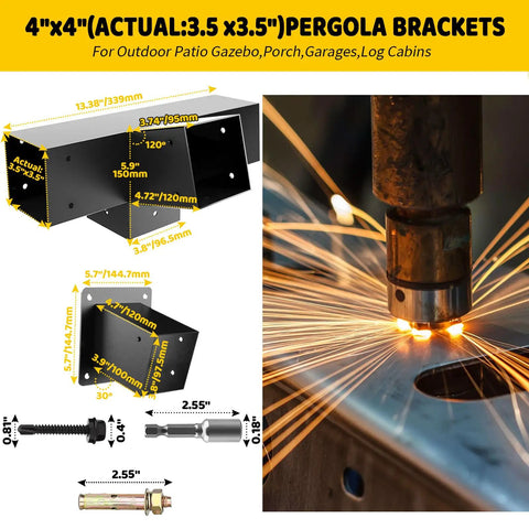 Heavy Duty Beefy 3 Way Slanted Roof Pergola Bracket Kit With Wall Mount Post Base For 4x4 Beams 30 Degree Right Angle Corners Galvanized Steel For Porches And Gazebos 4 Pack