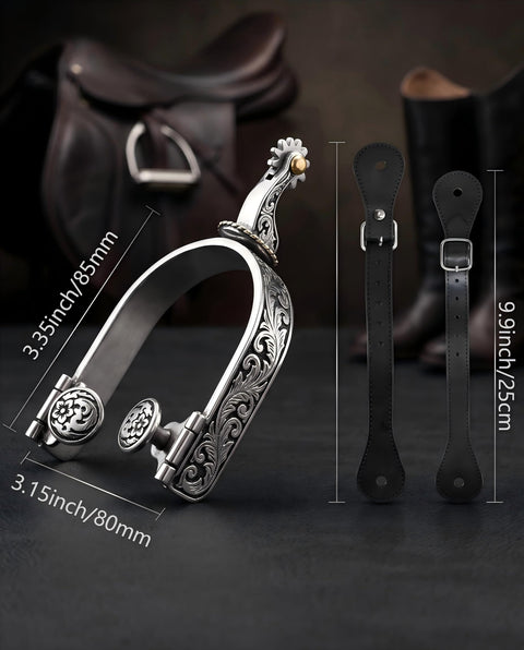Western Cowboy Spurs Set With Six Hole Spur Belt, Stainless Steel Spurs With Rotatable Gear And Leather Spur Straps, product dimensions displayed