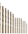 Fifteen Piece Cobalt Drill Bit Set With M35 HSS 135 Degree Split Point Jobber Length displayed in increasing size order