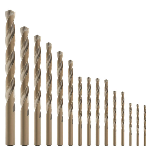 Fifteen Piece Cobalt Drill Bit Set With M35 HSS 135 Degree Split Point Jobber Length displayed in increasing size order