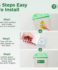 Three-step installation of Set Of 6 Recycle Sign Stickers For Trash Bins Self Adhesive Waterproof Labels visible on a trash container.
