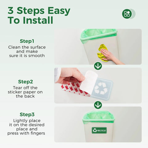 Three-step installation of Set Of 6 Recycle Sign Stickers For Trash Bins Self Adhesive Waterproof Labels visible on a trash container.