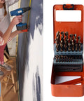 Snag This Killer Cobalt Drill Bit Set 25 Piece High Speed Twist Bits For Hardened Metal Stainless Steel Iron Wood Quick Chip Removal Rock Solid Storage Case, shown with drill and bit storage.