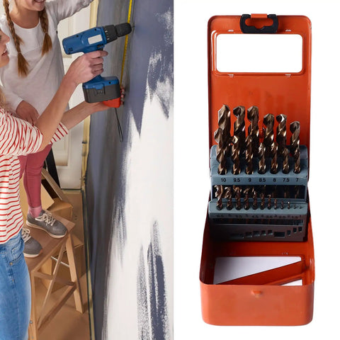 Snag This Killer Cobalt Drill Bit Set 25 Piece High Speed Twist Bits For Hardened Metal Stainless Steel Iron Wood Quick Chip Removal Rock Solid Storage Case, shown with drill and bit storage.