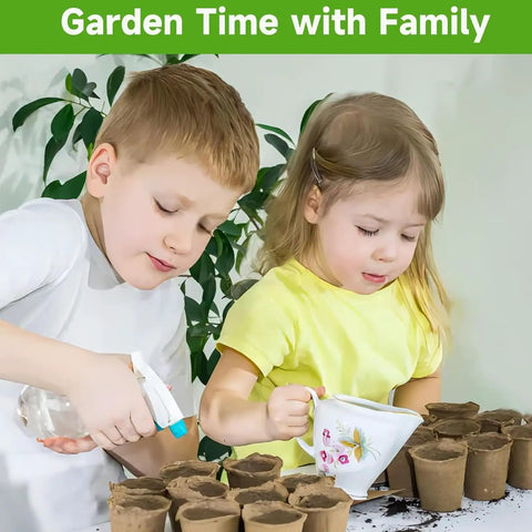Children watering plants with Breathable Paper Pulp Nursery Pots For Seedlings And Direct Planting on table in garden