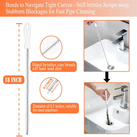 18-inch drain cleaning brush with stiff bristles for removing hair and blockages in sinks, made for quick plumbing solutions.