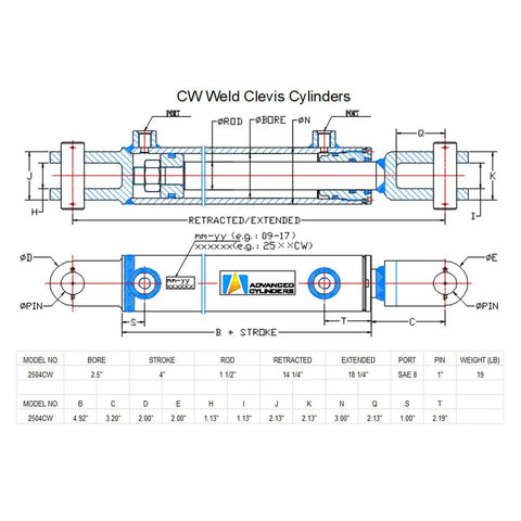 Beefy Weld Clevis Hydraulic Cylinder For Industrial Use With Two And A Half Inch Bore Four Inch Stroke One And A Half Inch Rod SAE Eight Port 3000 PSI Built For Agriculture Construction Forestry And Material Handling drawing with dimensions
