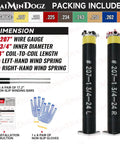Pair Of 1.75 Inch Heavy Duty Garage Door Torsion Springs Set With Non Slip Winding Bars And Gloves For Replacement Oil Free Black Coated Minimum 16,000 Cycles Left And Right 0.207 By 1.75 By 24 Inches shown with dimensions and accessories