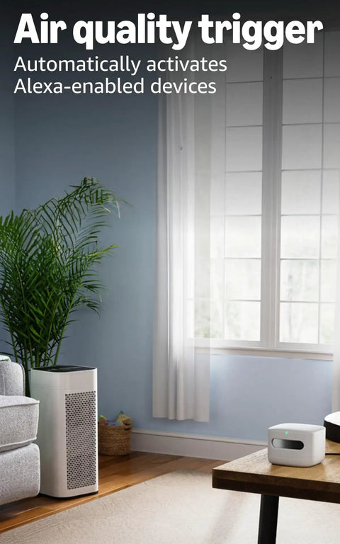 Slick Indoor Air Quality Monitor Tracks Temp Humidity Carbon Monoxide Pm2.5 Vocs Hooks Into Alexa Sends Snappy Alerts in living room.