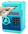 Electronic Piggy Bank With Password Lock for Kids ATM Style Money Saver Box for Ages 3 to 12 Kid Friendly Gift Durable ABS Plastic Non Toxic Blue Green Color Great Birthday Xmas Gift for Boys and Girls, showing dollar bill insertion.