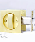 Front view of satin brass Two Pack Pocket Door Lock With Key For Sliding Barn Doors Recessed Two Sided Latch.