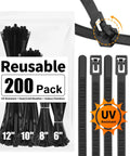 200 Pack Reusable Zip Ties With Assorted Sizes 6 8 10 12 Inches UV Resistant Black Heavy Duty Outdoor Releasable Quick Release