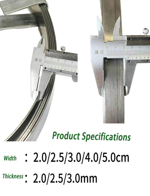 Close-up of No Junk Heavy Duty Main Line Drain Auger Strip specifications showing width and thickness measurements.