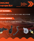 Top Shelf Cooling System Kit With Heavy Duty Water Pump Seals And Precision Thermostat For Audi A4 A5 Quattro Q5 V6 Engine Coolant Direct Bolt In Repair components displayed with car background.