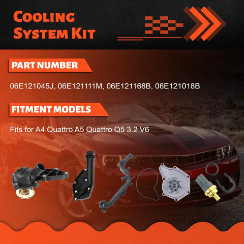 Top Shelf Cooling System Kit With Heavy Duty Water Pump Seals And Precision Thermostat For Audi A4 A5 Quattro Q5 V6 Engine Coolant Direct Bolt In Repair components displayed with car background.