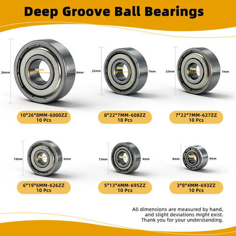 60 Piece Deep Groove Ball Bearing Assortment Kit In Six Sizes 608ZZ 693ZZ 695ZZ 626ZZ 627ZZ 6000ZZ Pre Lubricated Double Shielded Steel Bearings