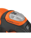 Close-up of Power Boost button on Cordless Sweeper With Power Boost For Quick Yard Cleanup On Driveways Decks And Garages Includes Battery