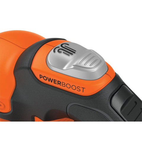 Close-up of Power Boost button on Cordless Sweeper With Power Boost For Quick Yard Cleanup On Driveways Decks And Garages Includes Battery