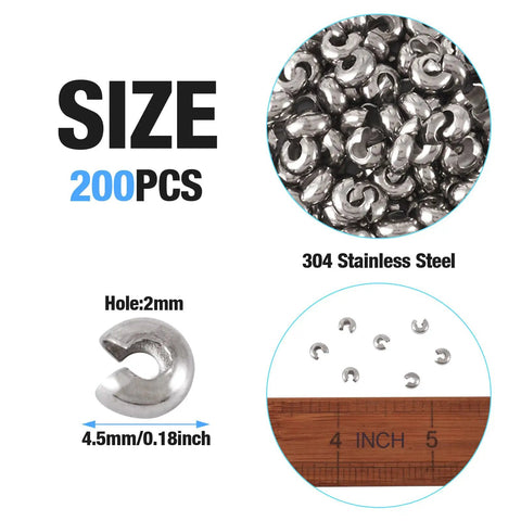 Stainless Steel Crimp Bead Covers 6x5x3mm Half Round Clamp Tips Pro Grade Knot Covers For Jewelry Making, 200 Pieces Metallic Findings