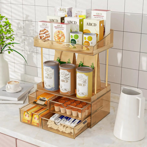 Four Tier Makeup Organizer With Four Drawers And Top Storage For Perfumes And Skincare Clear Tawny Cosmetic Organizer On Countertop