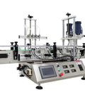 Desktop Four Head Magnetic Pump Filling And Capping Machine For Liquids Five To One Thousand Ml Badass Durability With Conveyor Belt 110 Volt side view with controls and pump heads