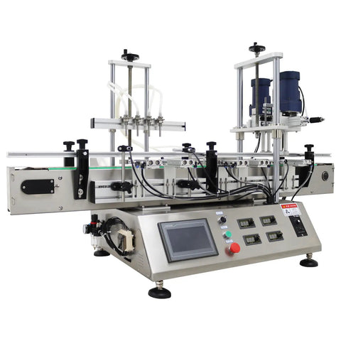 Desktop Four Head Magnetic Pump Filling And Capping Machine For Liquids Five To One Thousand Ml Badass Durability With Conveyor Belt 110 Volt side view with controls and pump heads