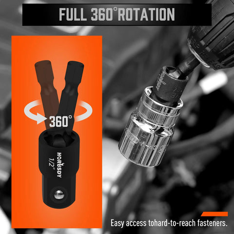 Impact Drill Socket Adapter Set With Universal Joints, 9-Piece Driver Socket Adapters For 1/4, 3/8, And 1/2 Inch, showing full 360-degree rotation in use