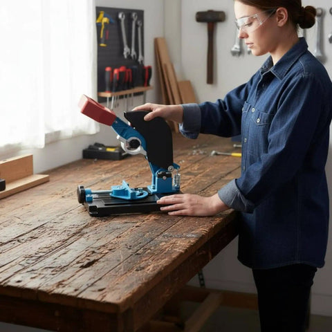 Person using Angle Grind Stand With Guard For Precise 45 Degree Cuts, on a wooden workbench in a workshop setting.